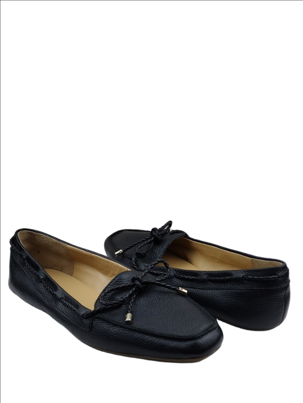 Talbots Black Pebbled Leather Bow Detail Square Toe Slip Moccasin Style Loafer